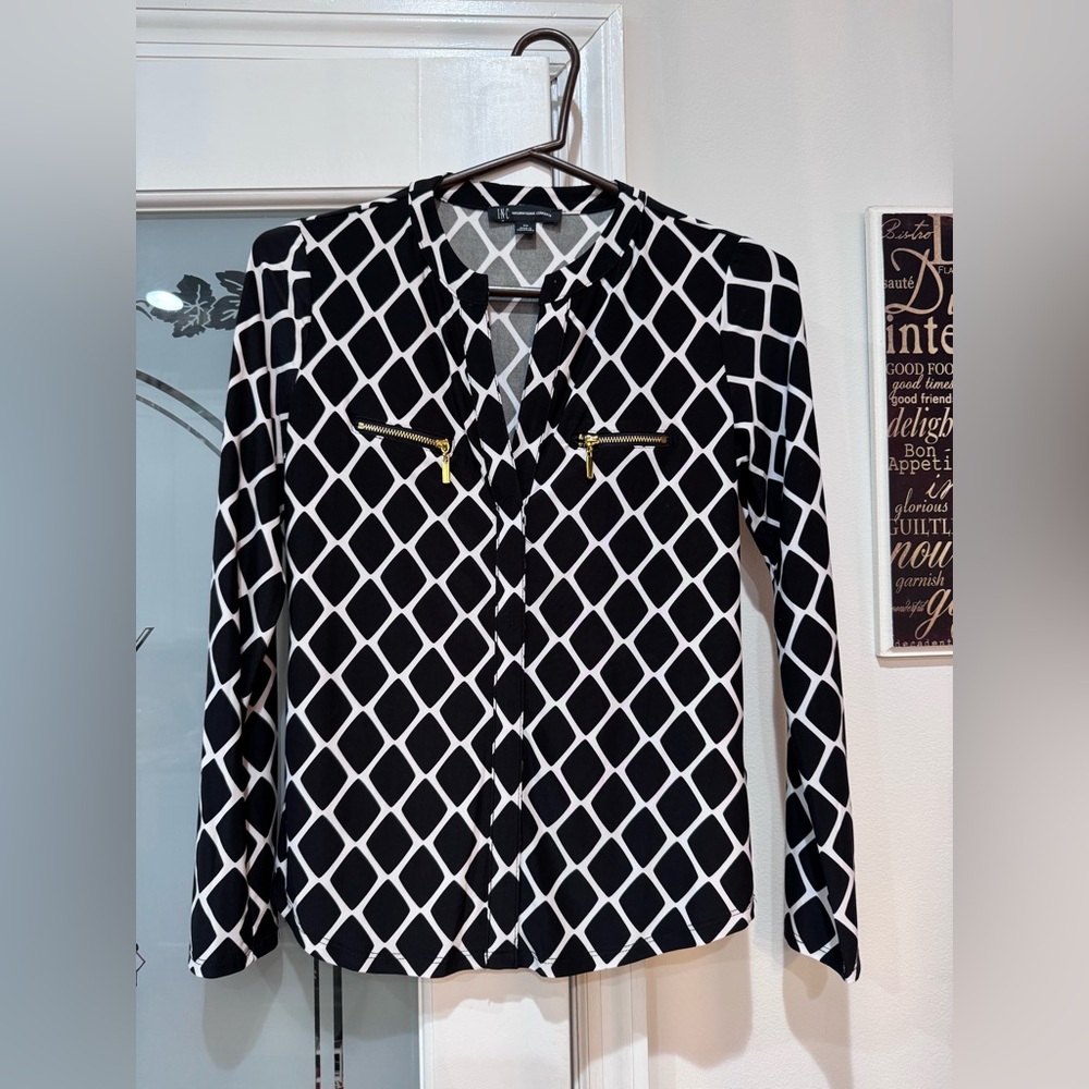 INC Blouse. Black and white, button down, long sleeve. Lightweight sz pp